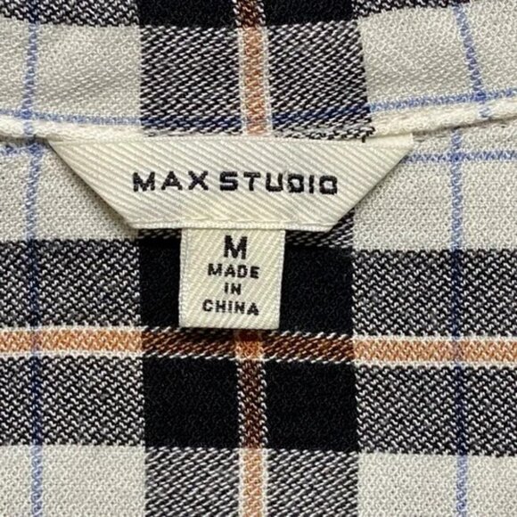 Max Studio Button-Up Shirt Women's Medium Black White Plaid Roll Tab Sleeves GUC - Picture 7 of 7